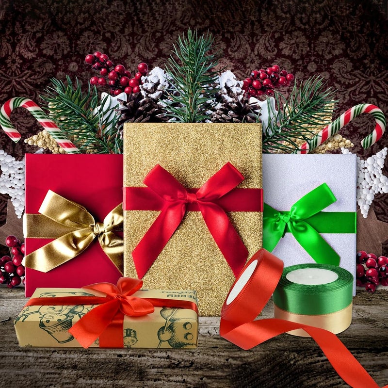 ASTARON Satin Ribbon for Christmas Crafts, 1 Inch, Red, Green, Gold Solid Color, DIY Hair Bows, Silk Ribbon for Gift Wrapping, Bouquets, Decorations - Image 5